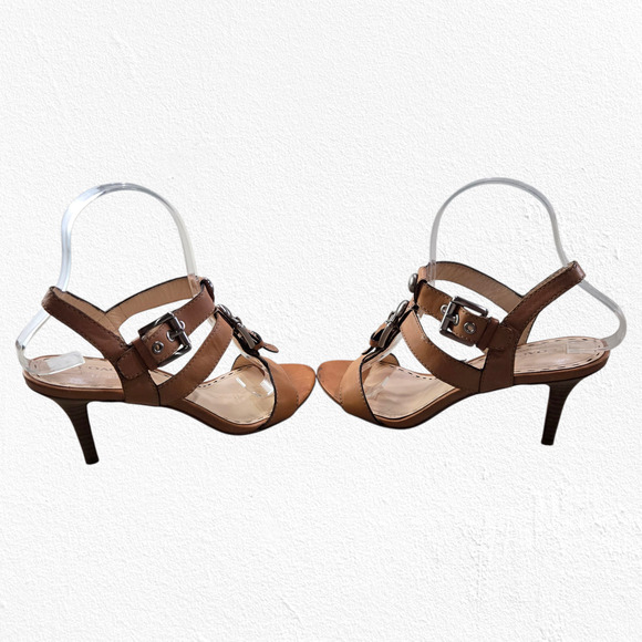 Coach Robin Tan Leather Buckle Sandals Size 6 Strappy Designer Stiletto Heels - Picture 4 of 8